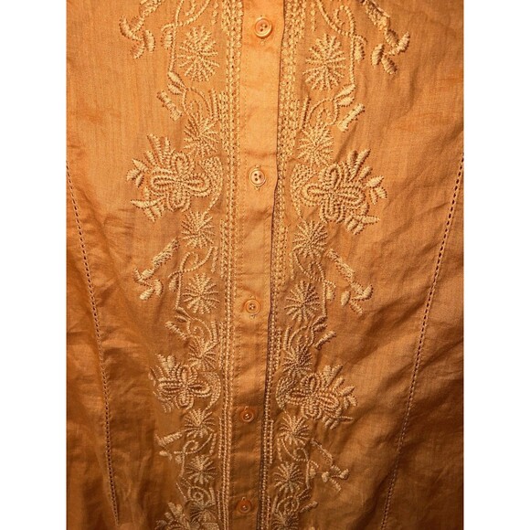 Coldwater Creek Blouse Womens L Orange Ramie Embroidered Button Up Shirt Top - Picture 2 of 8